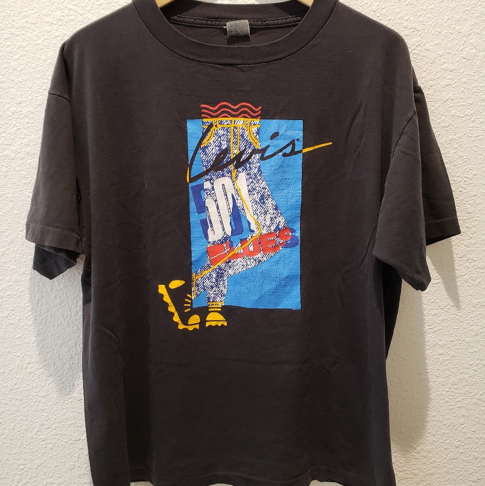 Vintage 90’s Levis 501 Blue Jeans Advertising Black T-Shirt Men's sz M USA Made